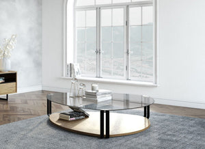 VIG Furniture Viviana Sculptural Coffee Table With Tempered Glass Top, Walnut Shelf & Grey Metal Legs — 53" VGBB-MH1904C-GRY