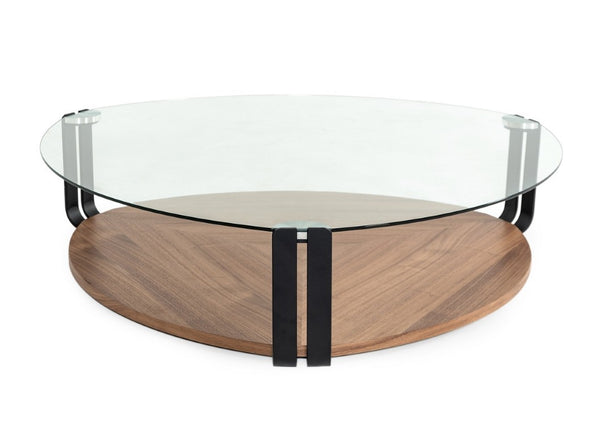 VIG Furniture Viviana Sculptural Coffee Table With Tempered Glass Top, Walnut Shelf & Grey Metal Legs — 53" VGBB-MH1904C-GRY