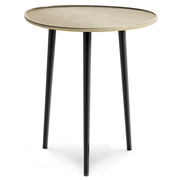 English Elm Tanner Gold Metal Side Table with Round Top & Tri‑Pod Black Legs, Handcrafted Mid‑Century Accent (99) B136P159633