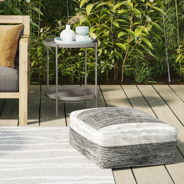 English Elm Mathis Square Woven Outdoor/Indoor Pouf - Grey/White Recycled PET, Water & UV Resistant Accent Stool B136P159024