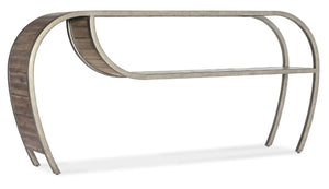 Hooker Furniture Commerce Rustic Pewter Console Table 74" W Curved Open-Ended Design With Planked Wood Shelf, Distressed Finish 7228-80207-85