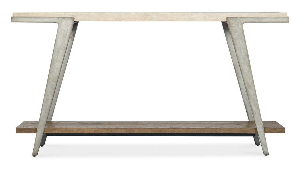 Hooker Furniture Commerce Boomerang Console Table With Cream Travertine Top, Oak Shelf & Gray Metal Frame — Eclectic Elegance 7228-80165-85