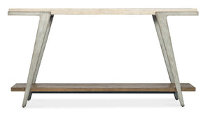 Hooker Furniture Commerce Boomerang Console Table With Cream Travertine Top, Oak Shelf & Gray Metal Frame — Eclectic Elegance 7228-80165-85