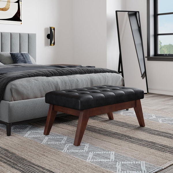 English Elm Draper Mid Century Tufted Ottoman Bench with Distressed Vegan Faux Leather Upholstery, 40" W Black B136P159073