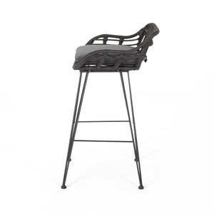 English Elm Christopher Knight Home® - DALE Hand-Wrapped Outdoor Wicker Barstool Set of 2 with Water-Resistant Cushions and Iron Frame Grey 65482.00GRY