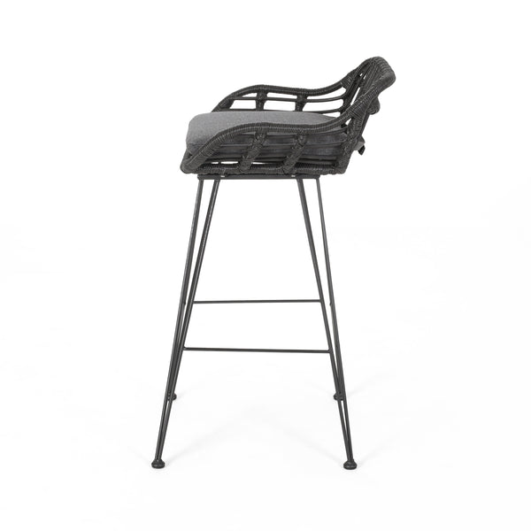 English Elm Christopher Knight Home® - DALE Hand-Wrapped Outdoor Wicker Barstool Set of 2 with Water-Resistant Cushions and Iron Frame Grey 65482.00GRY