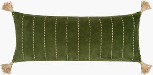 Surya Velvet Kantha Lumbar Pillow 13"L X 36"W - Bohemian Global Style, Soft Cotton Accent For Home Decor Grass Green Cotton,Cotton,Polyester,Polyfill Vkh002-1336