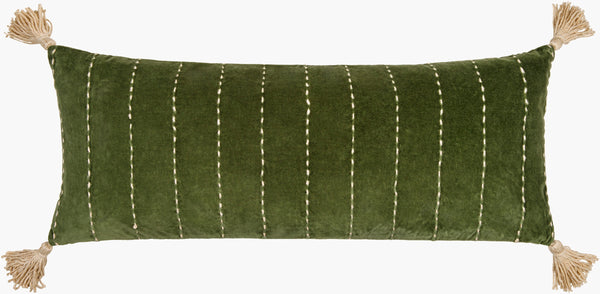 Surya Velvet Kantha Lumbar Pillow 13"L X 36"W - Bohemian Global Style, Soft Cotton Accent For Home Decor Grass Green Cotton,Cotton,Polyester,Polyfill Vkh002-1336