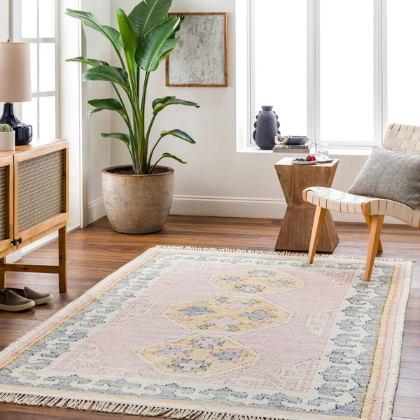 Livabliss Valerie Hand-woven Wool Flatweave Rug with Fringe Trim for Entryways and Small Spaces Ivory, Mauve 2' x 3' VLA2300-23