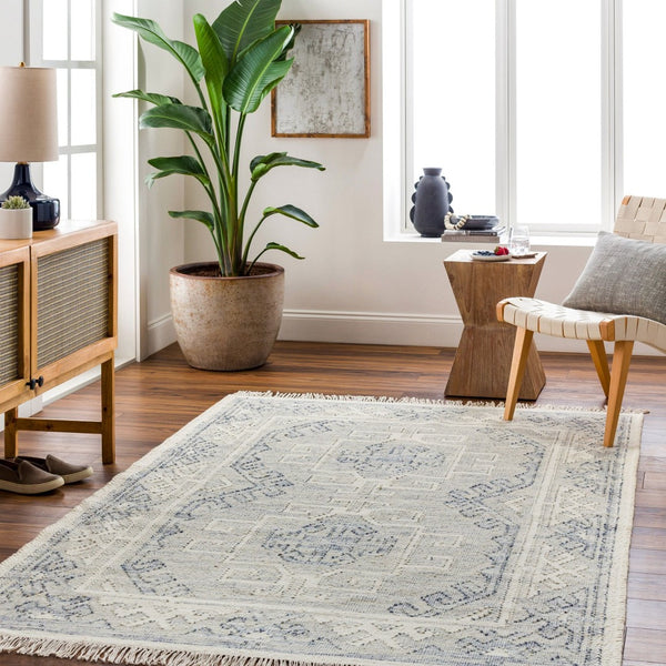 Livabliss Valerie Hand-woven Wool Accent Rug Artisan Flatweave with Fringe for Entryway Decor Cream, Denim 9' x 12' VLA2303-912