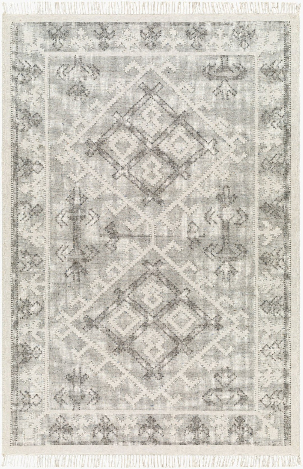 Livabliss Valerie Handwoven Wool Flatweave Rug with Fringe for Entryways and High Traffic Areas White, Charcoal 6' x 9' VLA2305-69