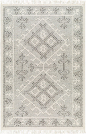 Livabliss Valerie Handwoven Wool Flatweave Rug with Fringe for Entryways and High Traffic Areas White, Charcoal 6' x 9' VLA2305-69