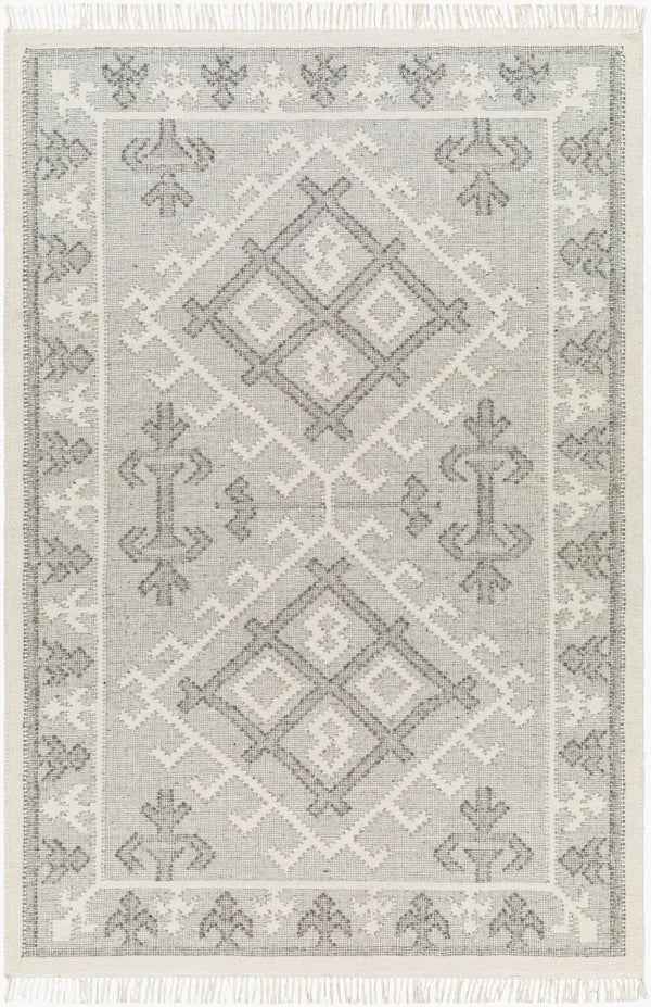 Livabliss Valerie Handwoven Wool Flatweave Rug with Fringe for Entryways and High Traffic Areas White, Charcoal 6' x 9' VLA2305-69