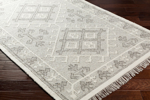 Livabliss Valerie Handwoven Wool Flatweave Rug with Fringe for Entryways and High Traffic Areas White, Charcoal 6' x 9' VLA2305-69