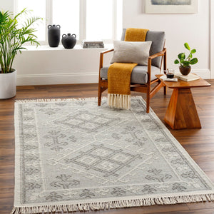 Livabliss Valerie Handwoven Wool Flatweave Rug with Fringe for Entryways and High Traffic Areas White, Charcoal 6' x 9' VLA2305-69