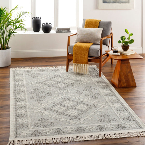 Livabliss Valerie Handwoven Wool Flatweave Rug with Fringe for Entryways and High Traffic Areas White, Charcoal 6' x 9' VLA2305-69