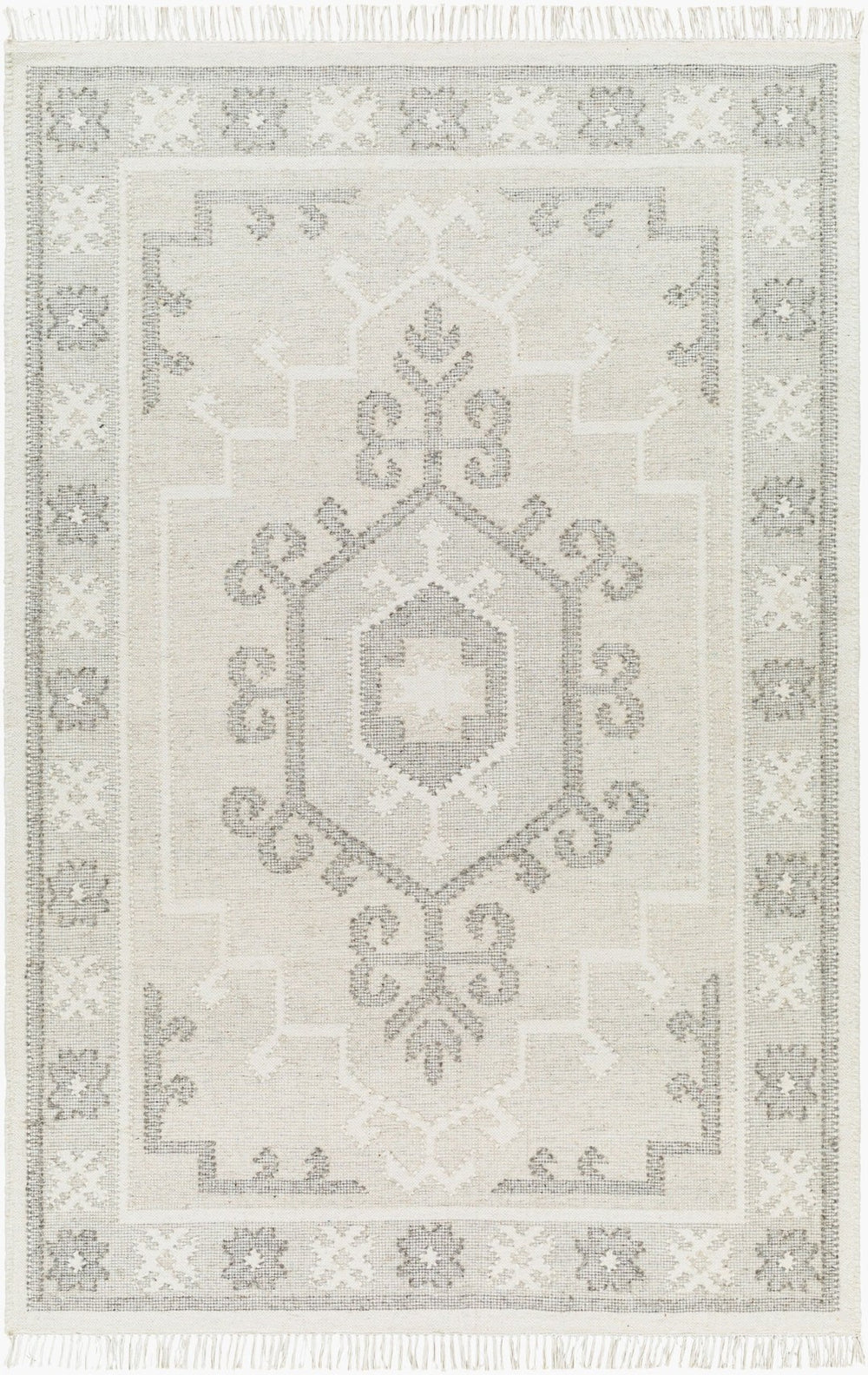 Livabliss Valerie Handwoven Wool Flatweave Rug with Fringe India Crafted Traditional Accent White, Charcoal 5' x 7'6" VLA2306-576