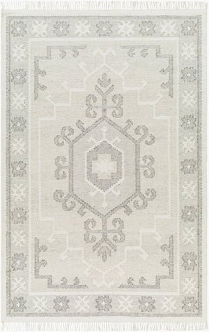 Livabliss Valerie Handwoven Wool Flatweave Rug with Fringe India Crafted Traditional Accent White, Charcoal 5' x 7'6" VLA2306-576