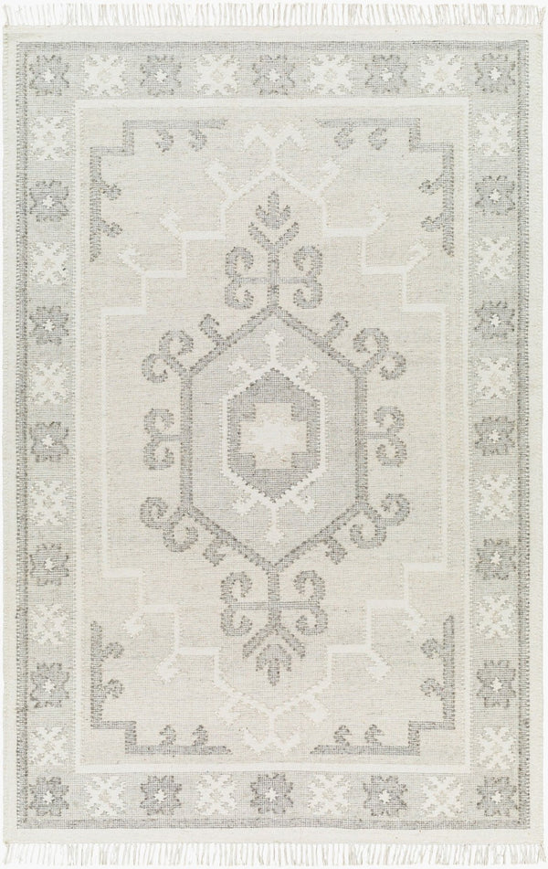 Livabliss Valerie Handwoven Wool Flatweave Rug with Fringe India Crafted Traditional Accent White, Charcoal 5' x 7'6" VLA2306-576