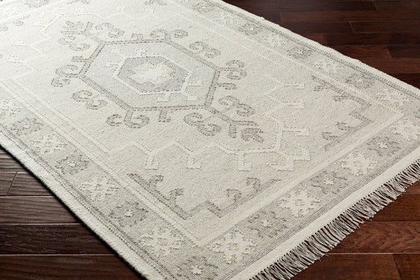 Livabliss Valerie Handwoven Wool Flatweave Rug with Fringe India Crafted Traditional Accent White, Charcoal 5' x 7'6" VLA2306-576