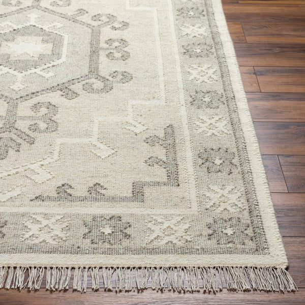 Livabliss Valerie Handwoven Wool Flatweave Rug with Fringe India Crafted Traditional Accent White, Charcoal 5' x 7'6" VLA2306-576