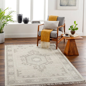 Livabliss Valerie Handwoven Wool Flatweave Rug with Fringe India Crafted Traditional Accent White, Charcoal 5' x 7'6" VLA2306-576