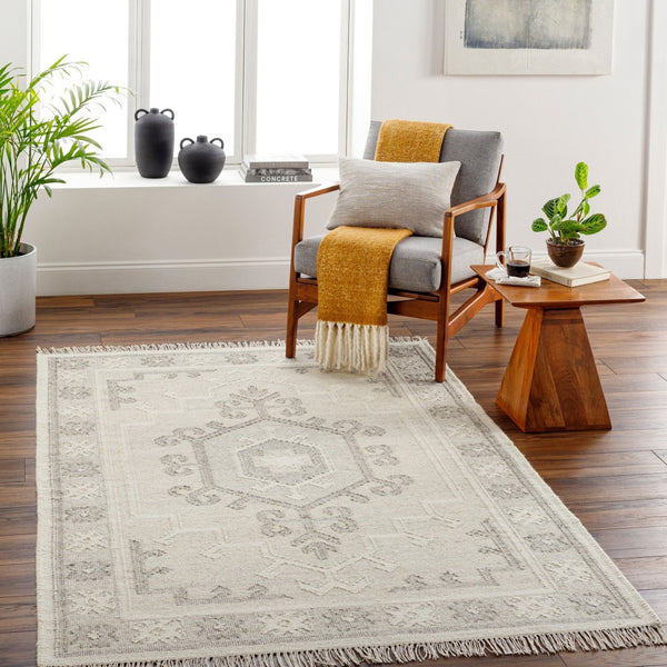 Livabliss Valerie Handwoven Wool Flatweave Rug with Fringe India Crafted Traditional Accent White, Charcoal 5' x 7'6" VLA2306-576