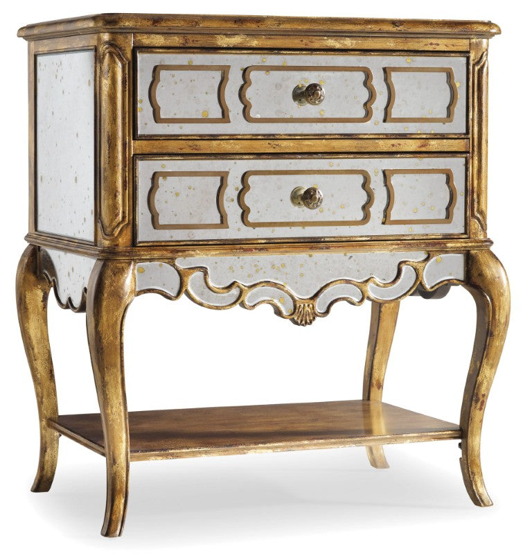 Hooker Furniture Sanctuary Mirrored Leg Nightstand In Bling Gold With Felt-Lined Drawers, Antique Mirror Accents 3016-90015