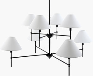 Surya Vaglio Arts and Crafts Iron Chandelier with Linen Shades for Grand Dining Spaces VLI-001