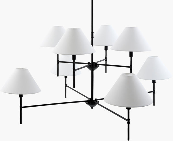 Surya Vaglio Arts and Crafts Iron Chandelier with Linen Shades for Grand Dining Spaces VLI-001