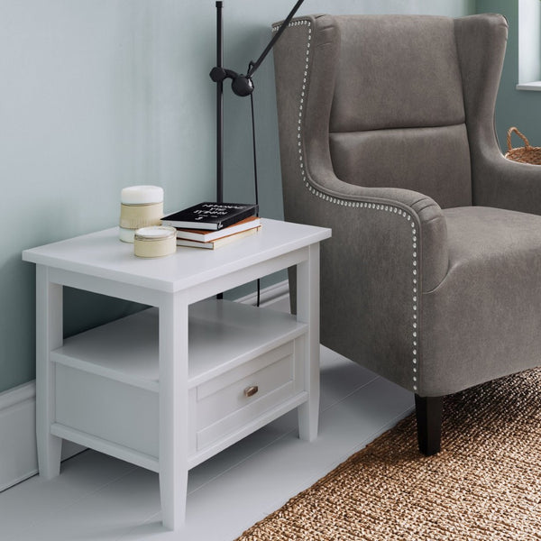 English Elm Warm Solid Wood 20-Inch Transitional End Table In Polished White With Storage Drawer & Tapered Legs B136P159708-GIGA