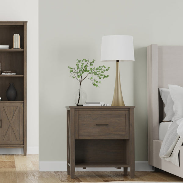 English Elm Ela Smoky Brown Bedside Table – Handcrafted Solid Wood, Shaker Drawer, X-Side Detail, Versatile End Table B136P158609
