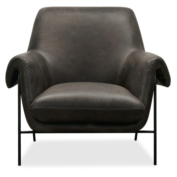Hooker Furniture Ambroise Slouch Club Chair With Aniline Top-Grain Leather, Baseball Stitching & Slim Black Frame Grey CC317-096