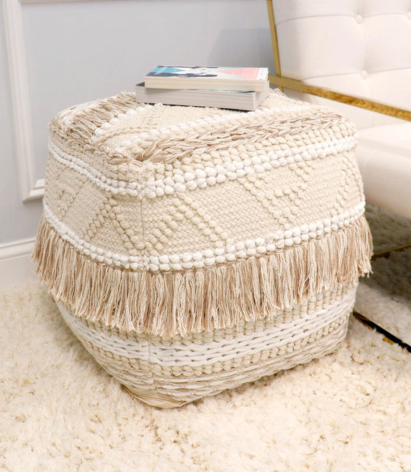 Pasargad Grand Canyon Cotton Shaggy Pouf In Ivory - Stylish, Hand-tufted Glamour For Your Space Beige 100% Cotton Ppf-261-1