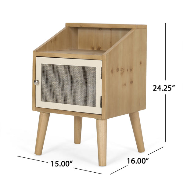 English Elm Christopher Knight Home® - END TABLE Natural & White Engineered Wood with Rattan Accents, Built-In Hutch & Tempered Glass Storage Side Table (24.25"H) 71101.00