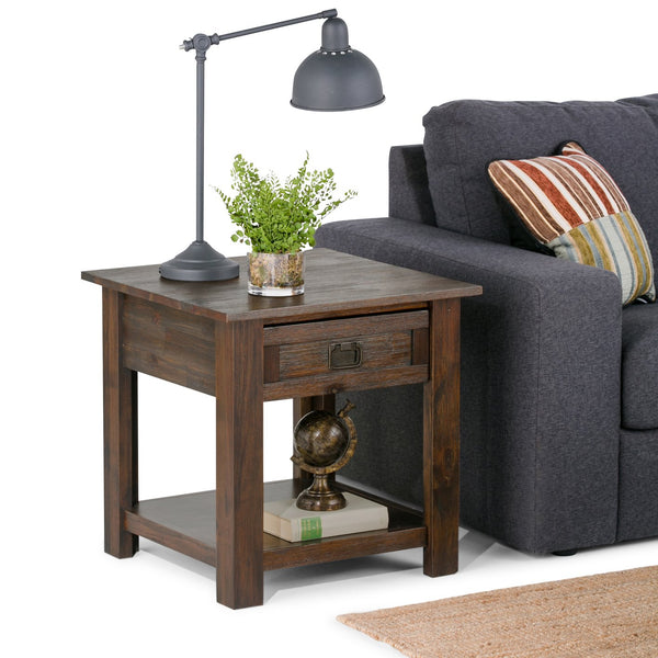 English Elm Monroe End Table - Rustic Distressed Charcoal Brown Acacia Wood With Storage & Vintage Charm B136P158953