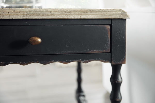Hooker Furniture Ciao Bella Rectangular End Table With Distressed Flaky White Top, Black Base, Drawer & Turned Legs 5805-80113-80