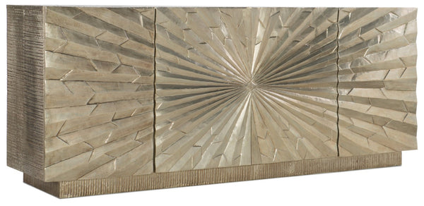 Hooker Furniture Big Bang 78-Inches Entertainment Console — Silvery German Silver Foil, Mango Wood, Ventilated Storage Elegance 5667-55478-SLV