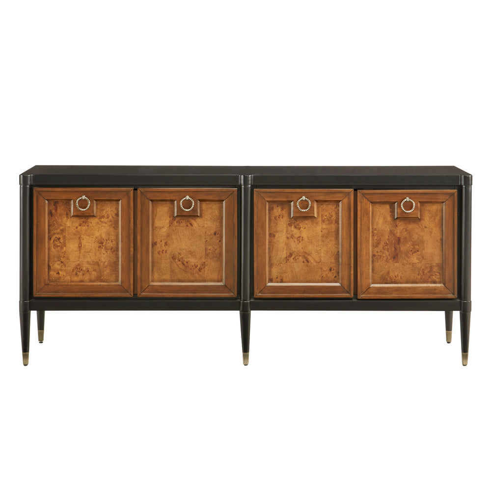 Pulaski Furniture 4-door Mid-century Modern Console With Elegant Mapa Burl Doors, Versatile Storage & Stylish Design Black Mapa Burl P301794-pulaski