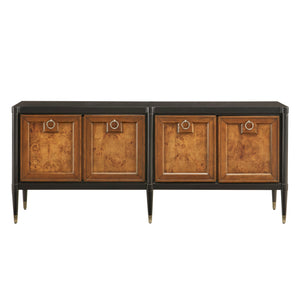 Pulaski Furniture 4-door Mid-century Modern Console With Elegant Mapa Burl Doors, Versatile Storage & Stylish Design Black Mapa Burl P301794-pulaski