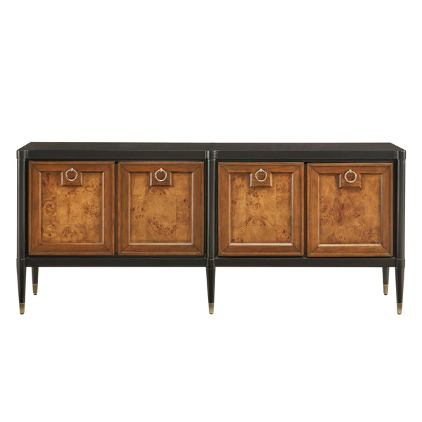 Pulaski Furniture 4-door Mid-century Modern Console With Elegant Mapa Burl Doors, Versatile Storage & Stylish Design Black Mapa Burl P301794-pulaski