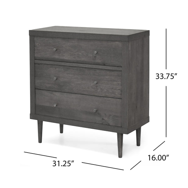English Elm Christopher Knight Home® - NORDIC Mid-Century 3-Drawer Chest with Faux Wood Finish, Rubberwood Legs and Sleek Storage Appeal Grey 71144.00GRY