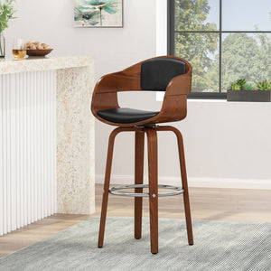 English Elm Christopher Knight Home® - BAR STOOL Mid-Century Modern Faux Leather Swivel with Walnut Veneer Frame and Chrome Footrest Black 67494.00PUMDNT