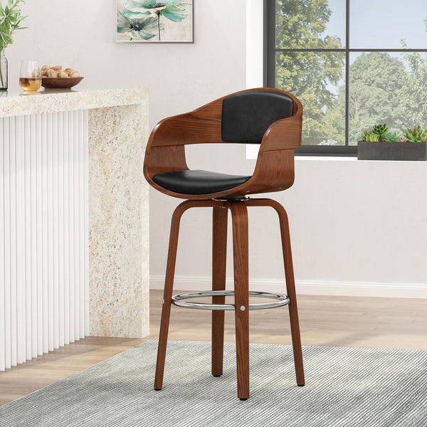 English Elm Christopher Knight Home® - BAR STOOL Mid-Century Modern Faux Leather Swivel with Walnut Veneer Frame and Chrome Footrest Black 67494.00PUMDNT