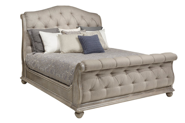 A.R.T. Furniture Summer Upholstered Bed In Distressed Shutter Blue With Plush Button Tufting And Rustic Charm Gray, Gray Flakey Cathedral Oak Veneer,Parawood Solids,Foam,Fabric 251126-1303