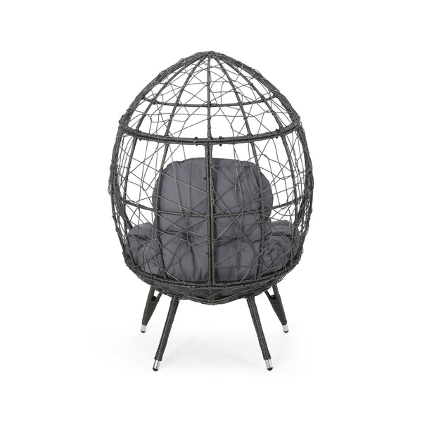 English Elm Christopher Knight Home® - GIANNI Teardrop Wicker Outdoor Chair with Water-Resistant Cushion, Handcrafted Faux Rattan Iron Frame Comfort Gray 65645.00GDGRY