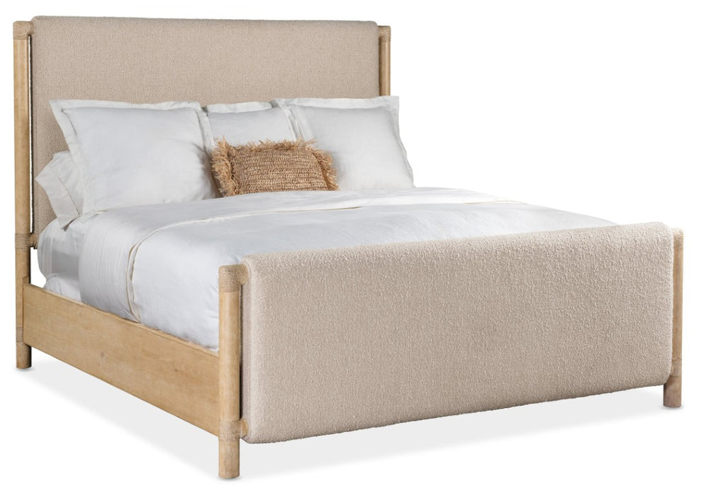 Hooker Furniture Retreat Queen Upholstered Panel Bed With Neo Cream Fabric, Rope Accents & Dune Distressed Finish 94.75 L x 80.75W x 65.50H 6950-90366-80