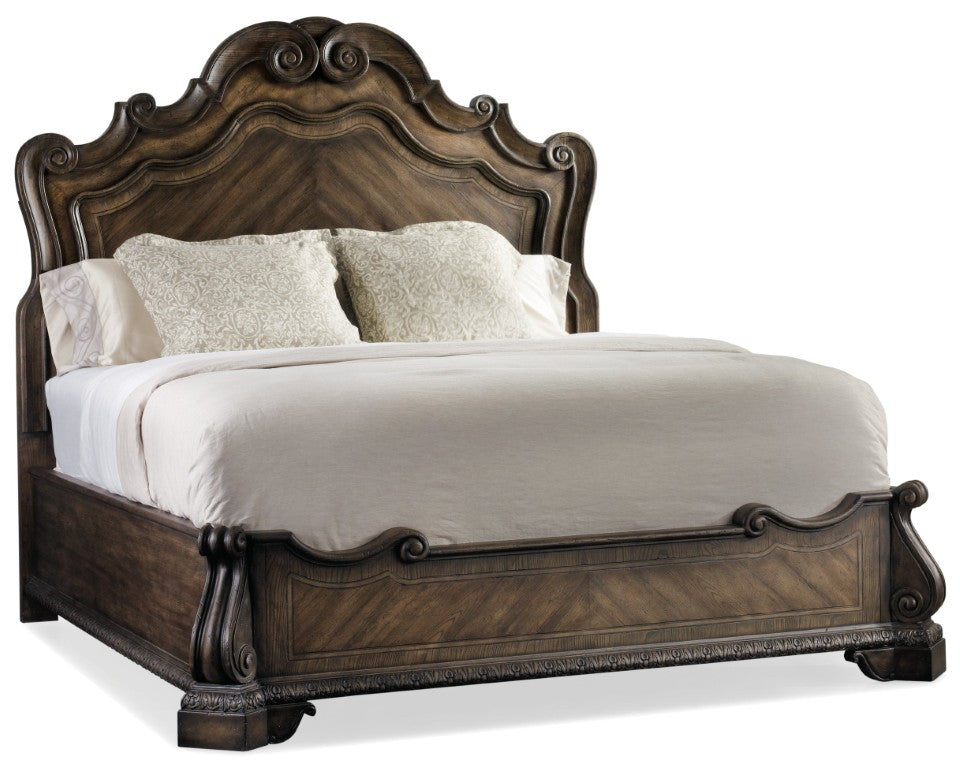 Hooker Furniture Rhapsody French-Antique Inspired California King Panel Bed With Chevron Pecan Veneer & Distressed Walnut Finish 96.75 L x 89.75W x 80.75H 5070-90260