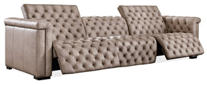 Hooker Furniture Savion Grandier Power Recliner Sofa In Giovanni Taupe Top-Grain Leather With Tufted Detail & Nailhead Trim Brown SS434-GP3-082