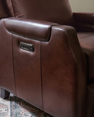Hooker Furniture Nelson Dark Roast Leather Power Recliner W/Usb, Power Headrest, Bustle Back & Tapered Wood Legs RC818-PH-089